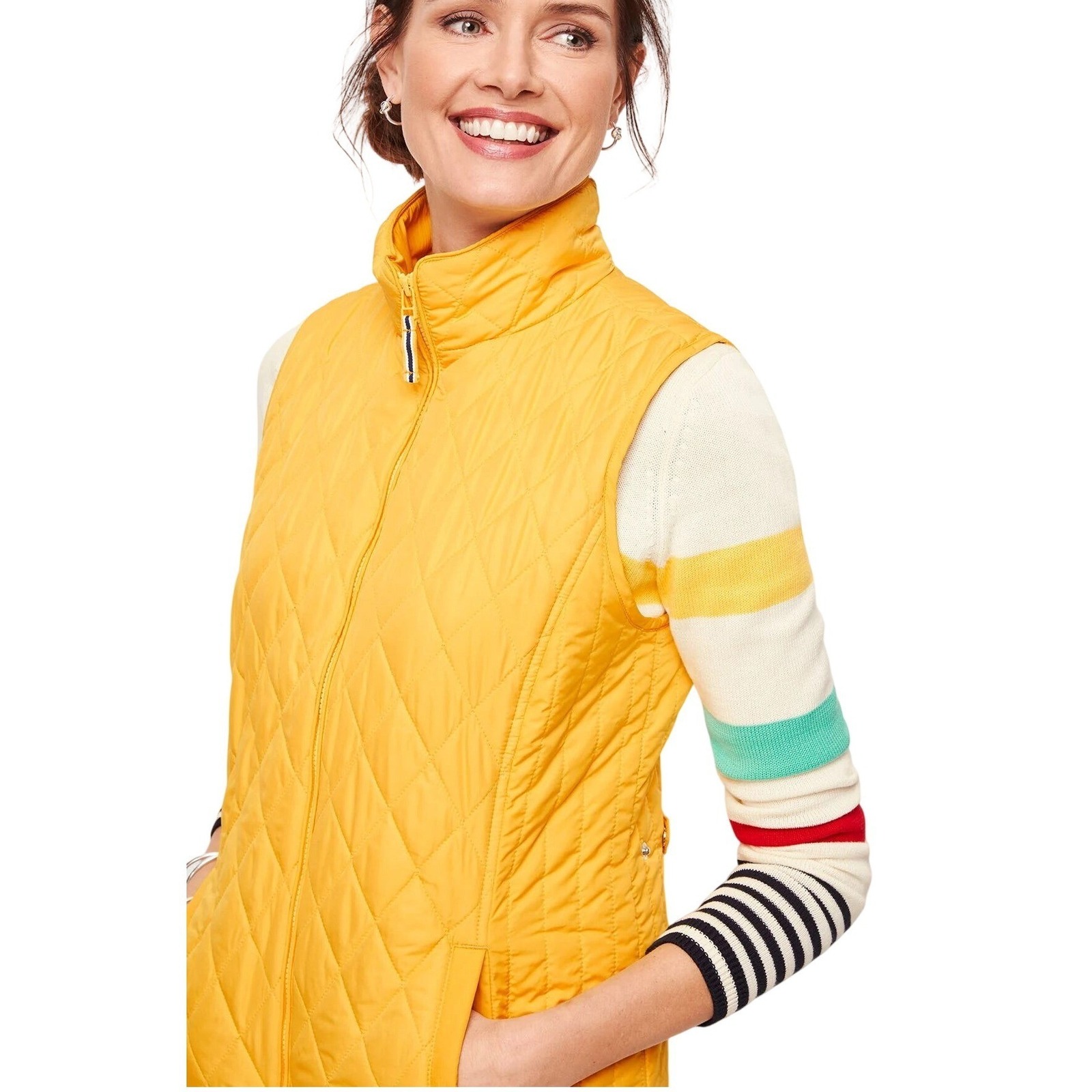 Talbots Xl Yellow Quilted Puffer Vest Striped Lining